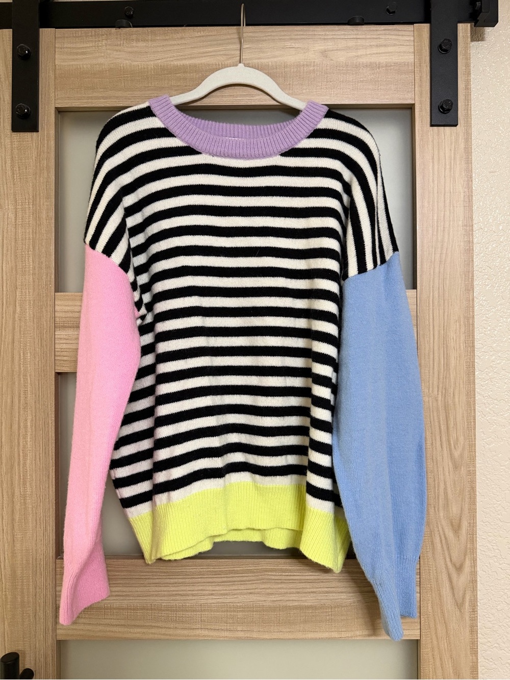 Jess Lea Colorblock Striped Crewneck Sweater - Black & White with Pastel Accents